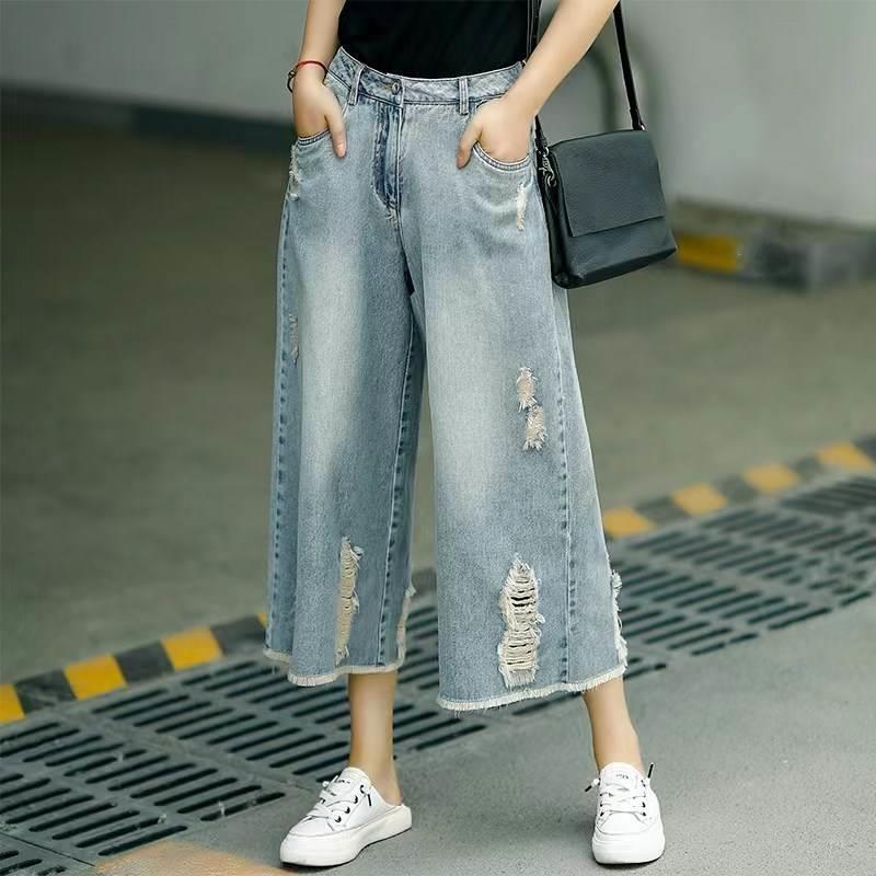 2022夏季薄款高腰宽松阔腿裤女破洞做旧浅蓝牛仔裤复古休闲七分裤