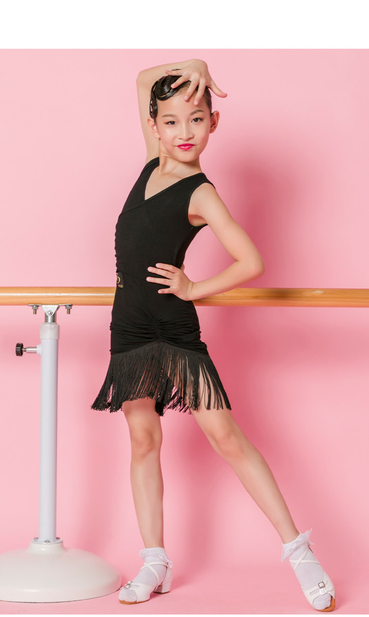 儿童拉丁舞服女童练功服少儿比赛舞蹈裙夏流苏新款规定拉丁演出服