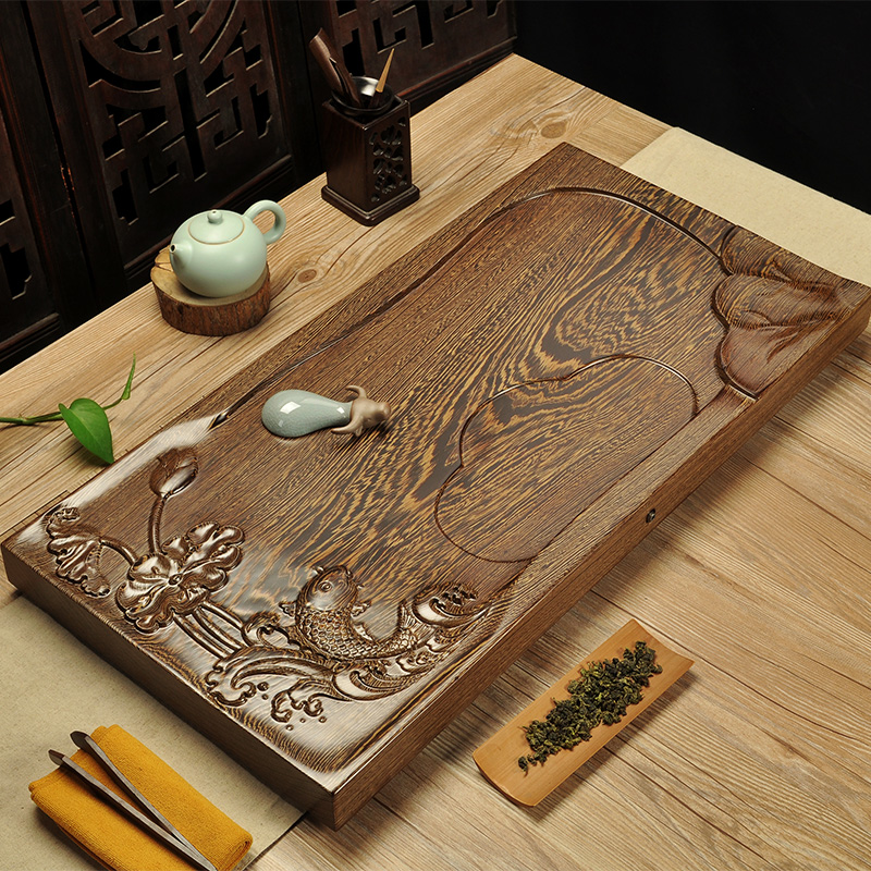 茶盘鸡翅木整块月牙 实木特大号茶台檀木茶海功夫排水茶托盘家用