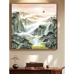 正方形挂画靠山字画小幅卫生间装饰画玄关新中式旺财山水风景壁画