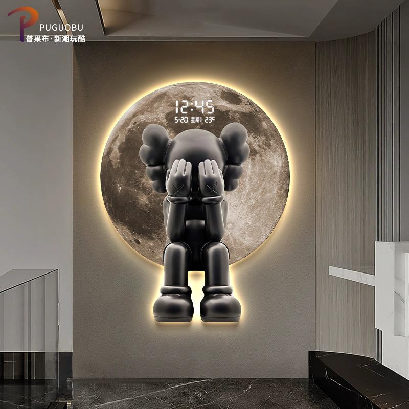 潮牌kaws暴力熊玄关装饰画电子屏时钟月球挂钟led灯发光餐厅挂画