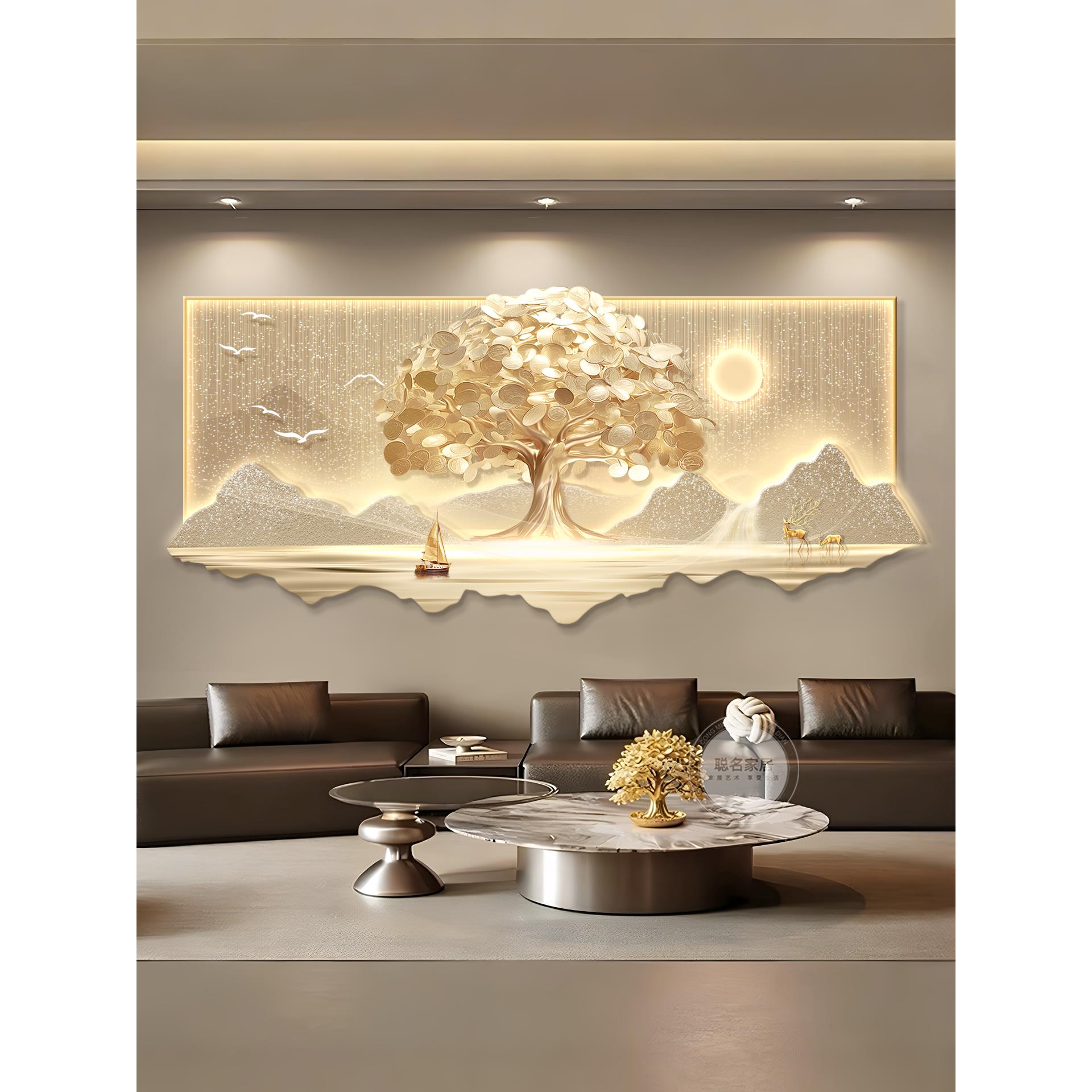 轻奢高级感客厅装饰画大气发财树沙发背景墙挂画新中式高级感壁画图片