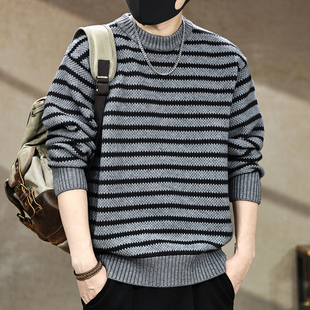 美式重磅条纹毛衣男款秋冬季宽松圆领长袖休闲百搭针织衫2025新款