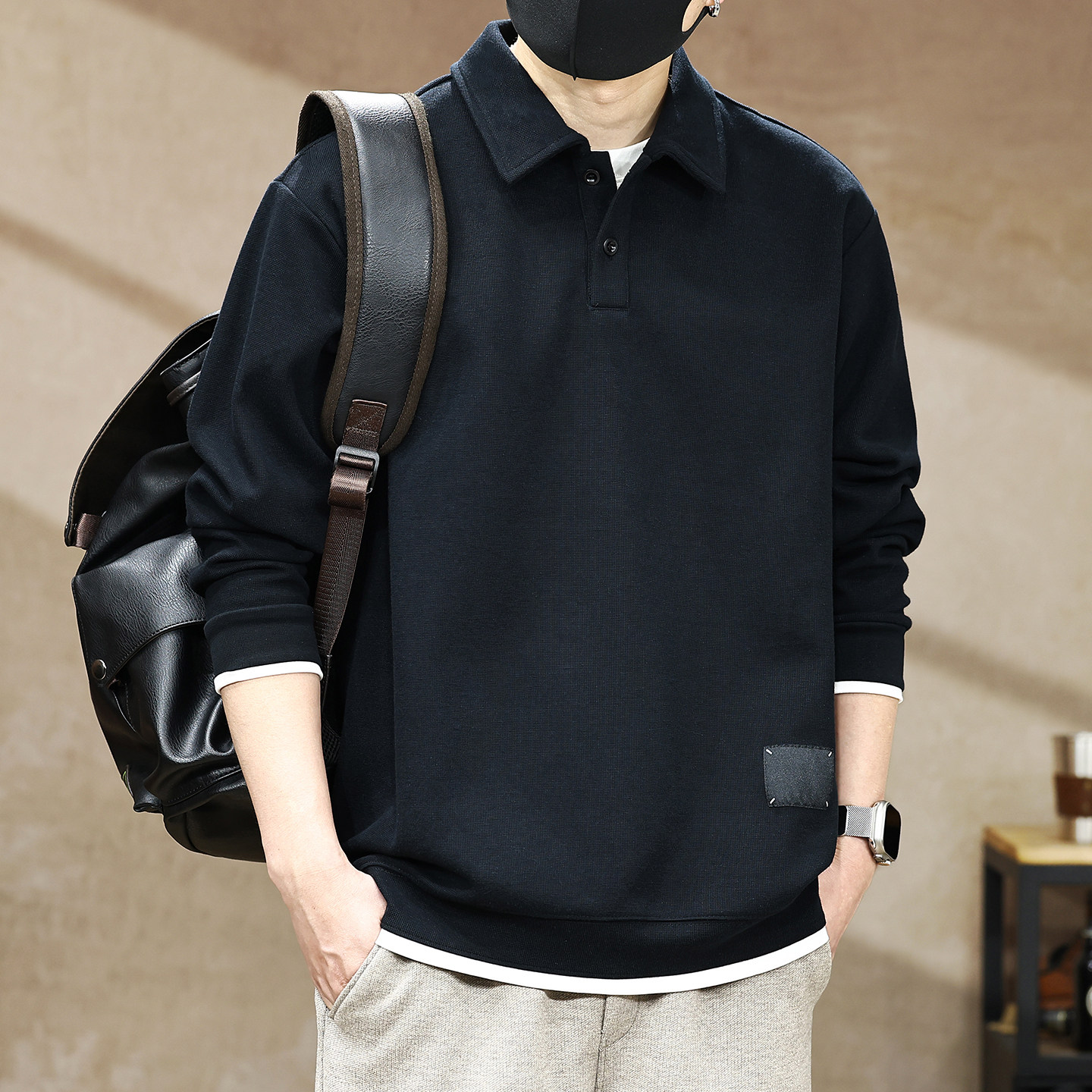 美式重磅假两件POLO衫加绒卫衣男士秋冬季宽松大码休闲翻领上衣服