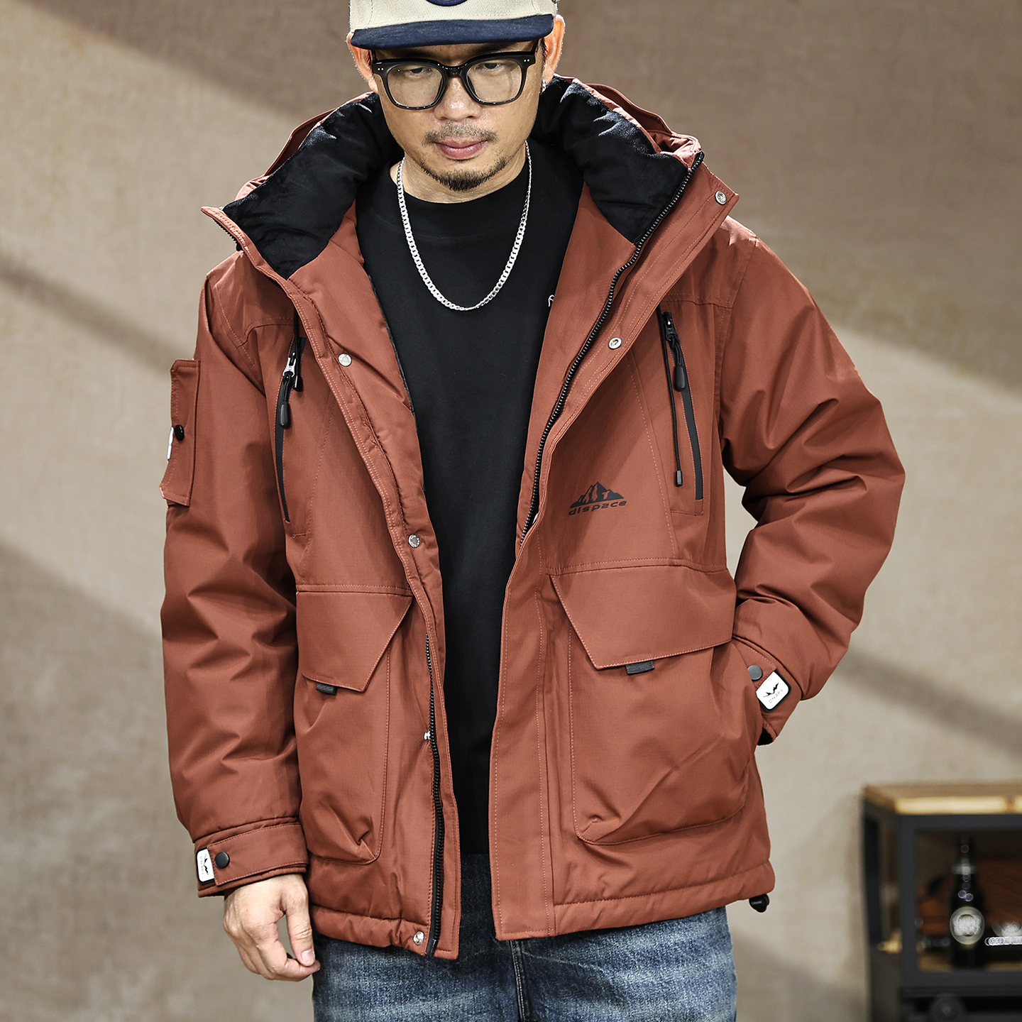 【90灰鸭绒连帽工装羽绒服外套】