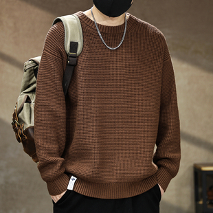 大码 男冬季 保暖毛衣男痞帅圆领毛线衣 粗针重磅复古针织衫 高端美式