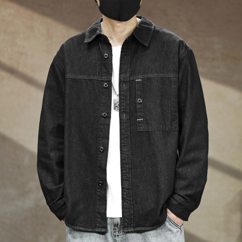 【美式黑色牛仔衬衫男士潮牌】