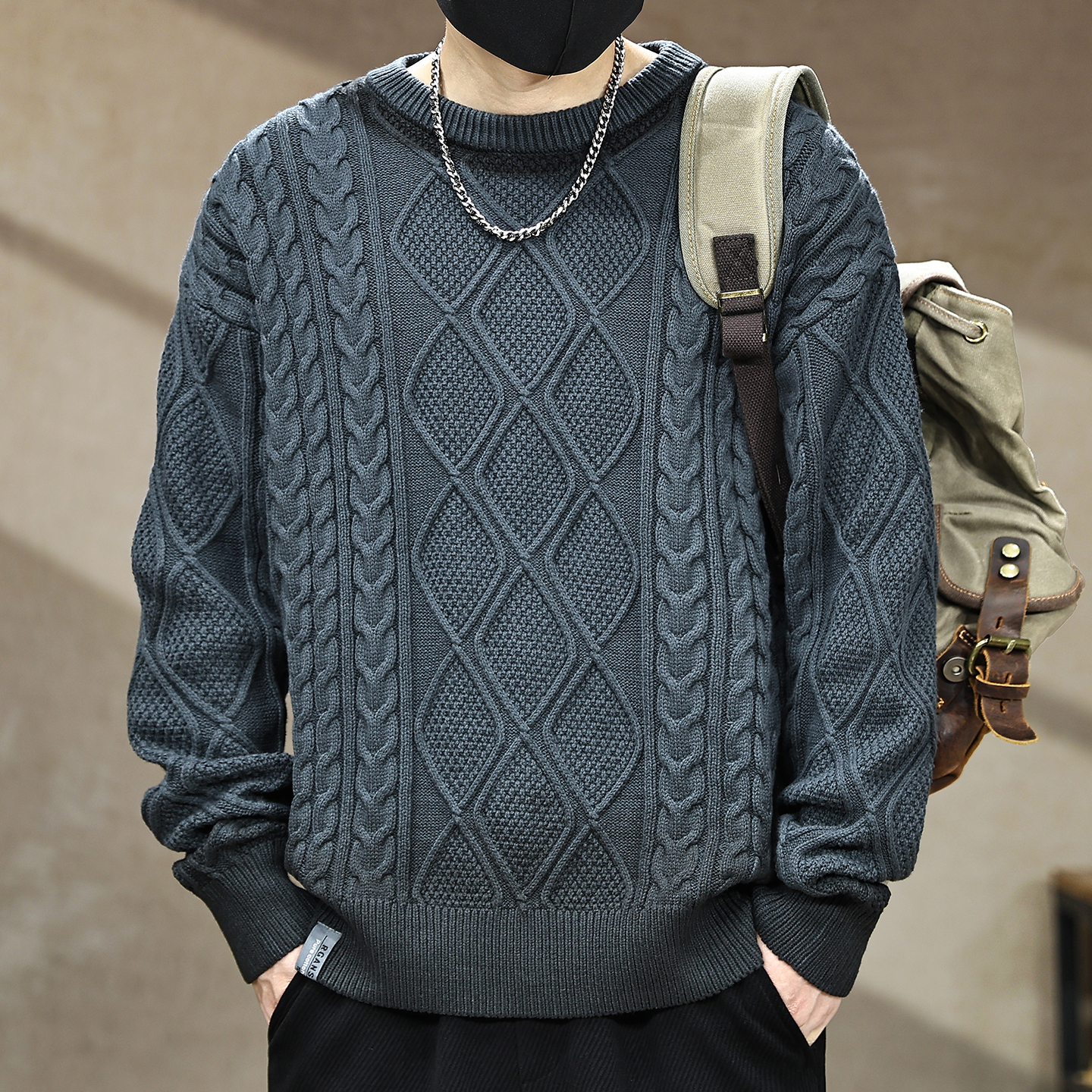 【圆领粗针复古毛衣男冬季加厚】