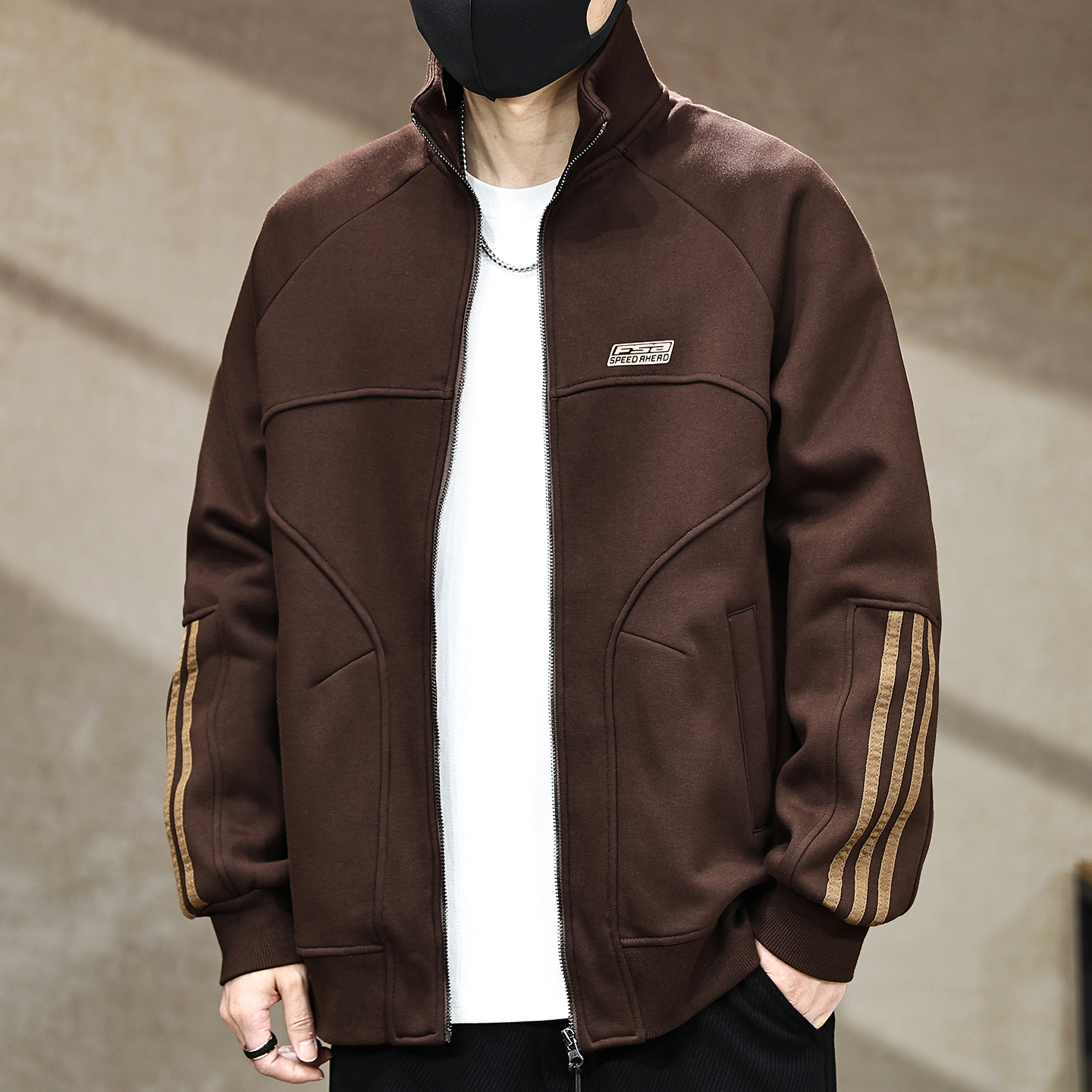 【美式重磅加绒开衫立领卫衣男】