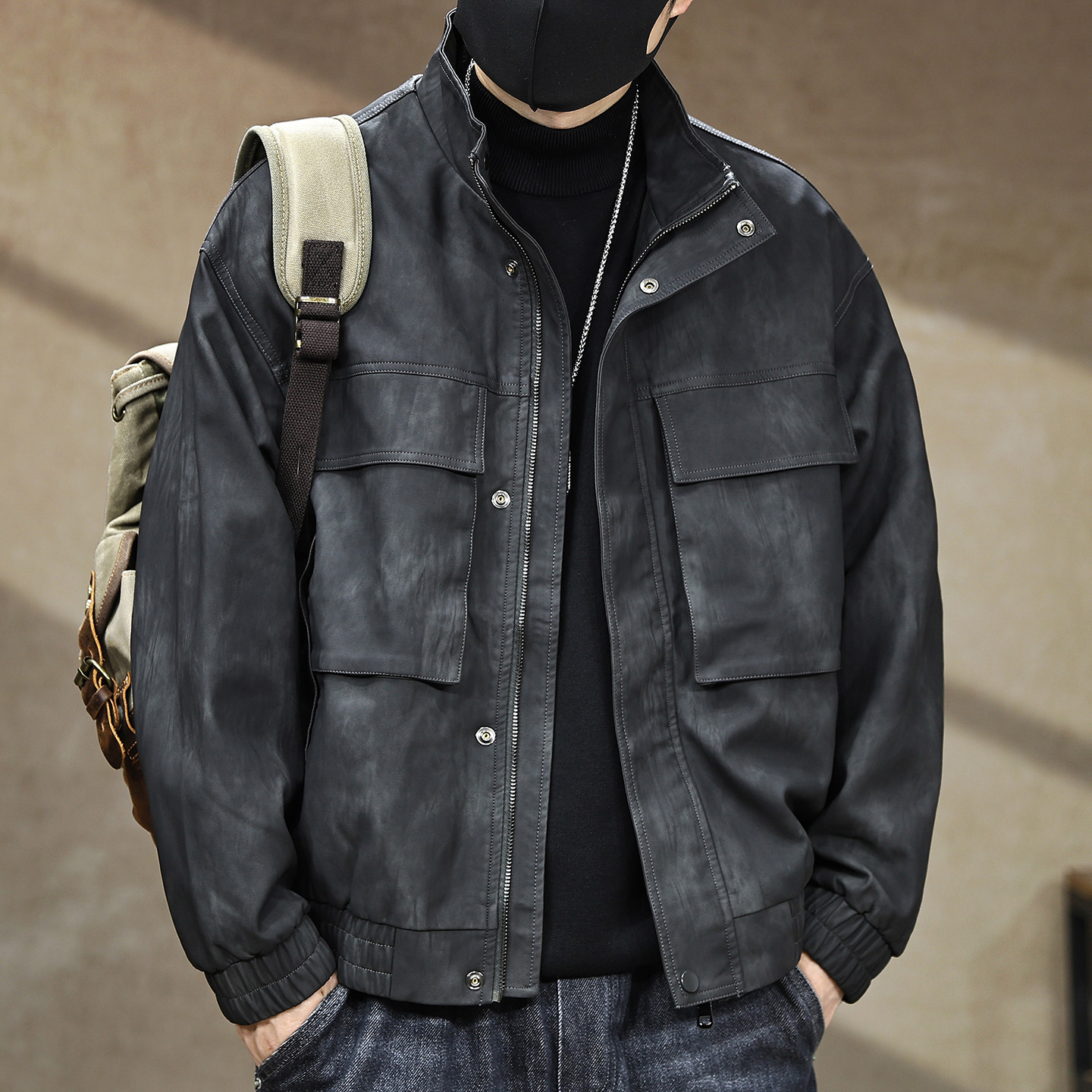 【美式复古立领皮衣外套男秋冬】