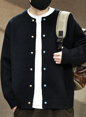 松石扣设计灰色开衫毛衣男款潮牌高级感宽松棒球服针织衫外套线衫