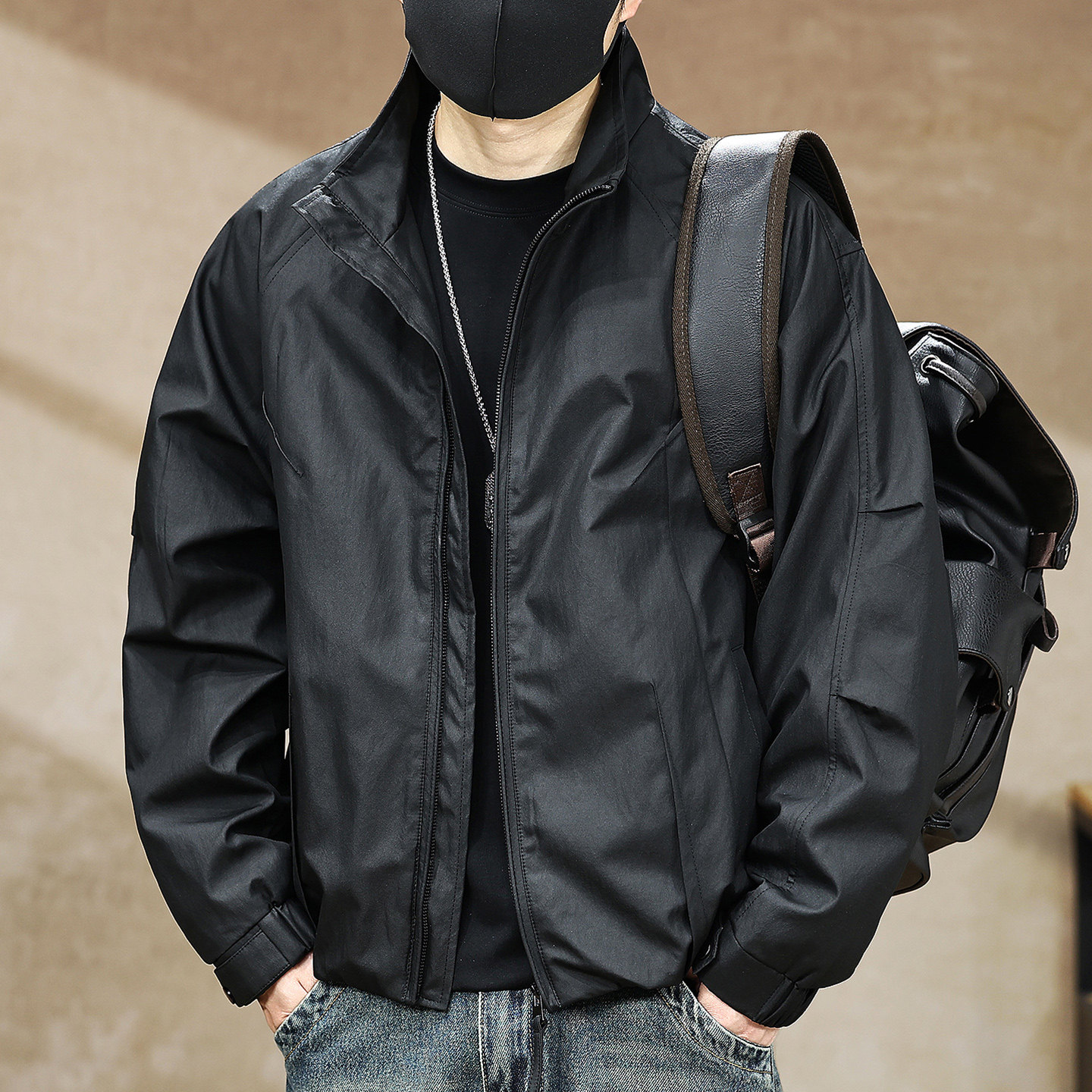 高端美式复古立领休闲外套男士秋季新款宽松工装夹克男冲锋上衣服