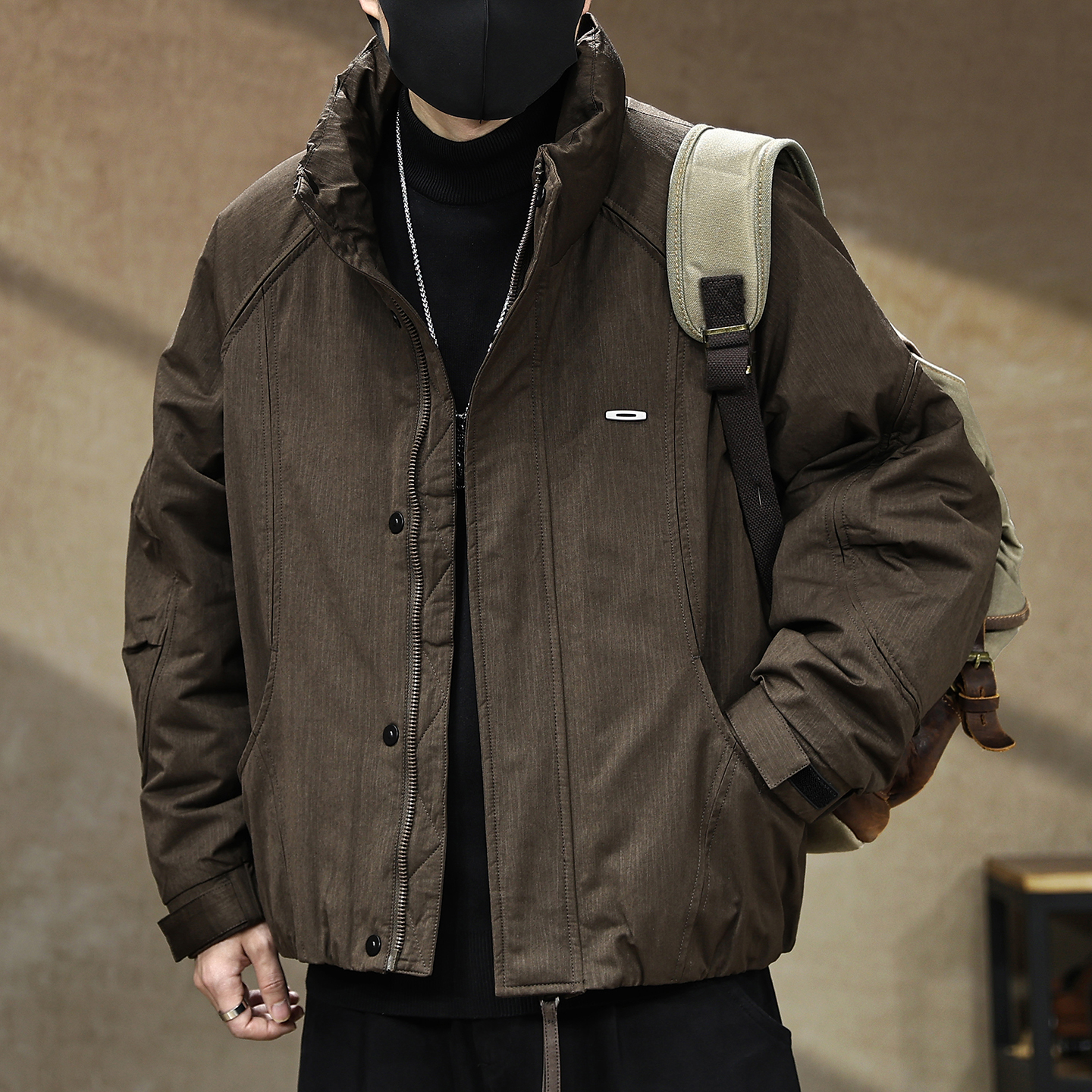 【美式复古拼接工装立领羽绒服】