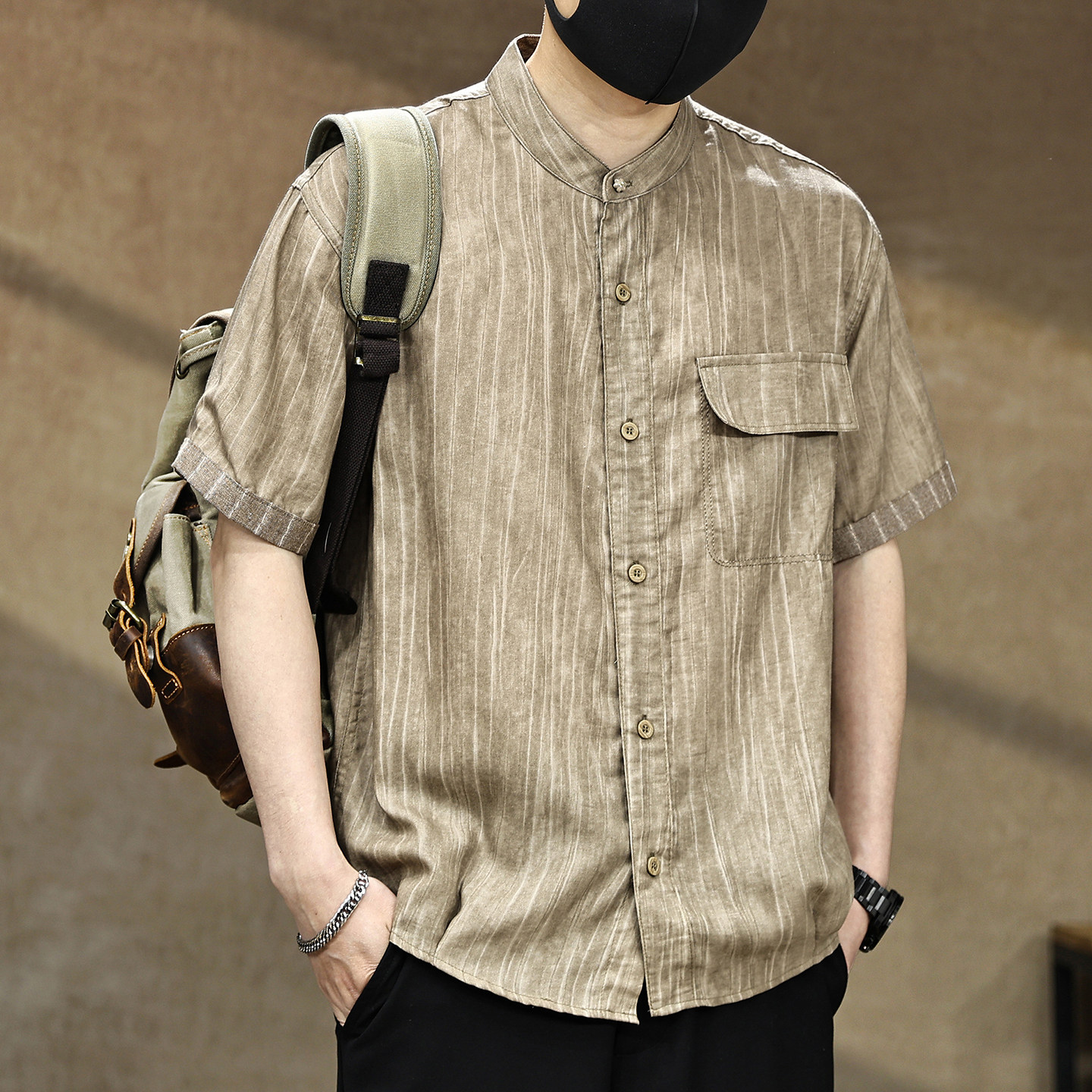 高端条纹莱塞尔亚麻短袖衬衫男士夏季宽松立领休闲薄款透气衬衣服