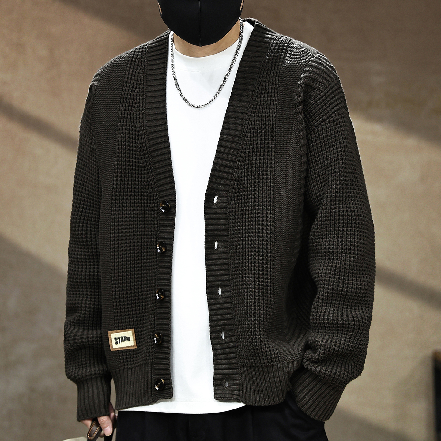 美式复古重磅V领开衫毛衣男士秋冬季针织衫宽松痞帅粗针毛线衣潮