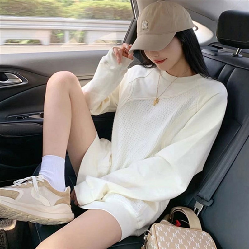 设计感针织拼接长袖卫衣薄款女宽松圆领中长款软糯风Y女款小个子