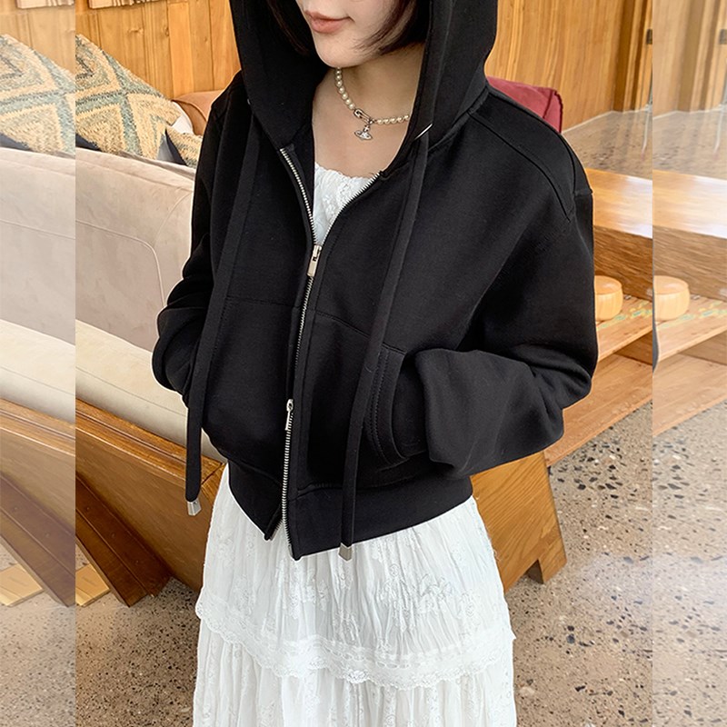 短款连帽黑色卫衣开衫外套女小个y子秋冬2024新款爆款宽松美式上