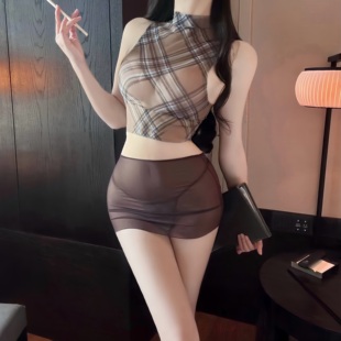 短裙修身 秘书透视均码 性感复古格纹包臀裙套装 制服裙 今夜别睡