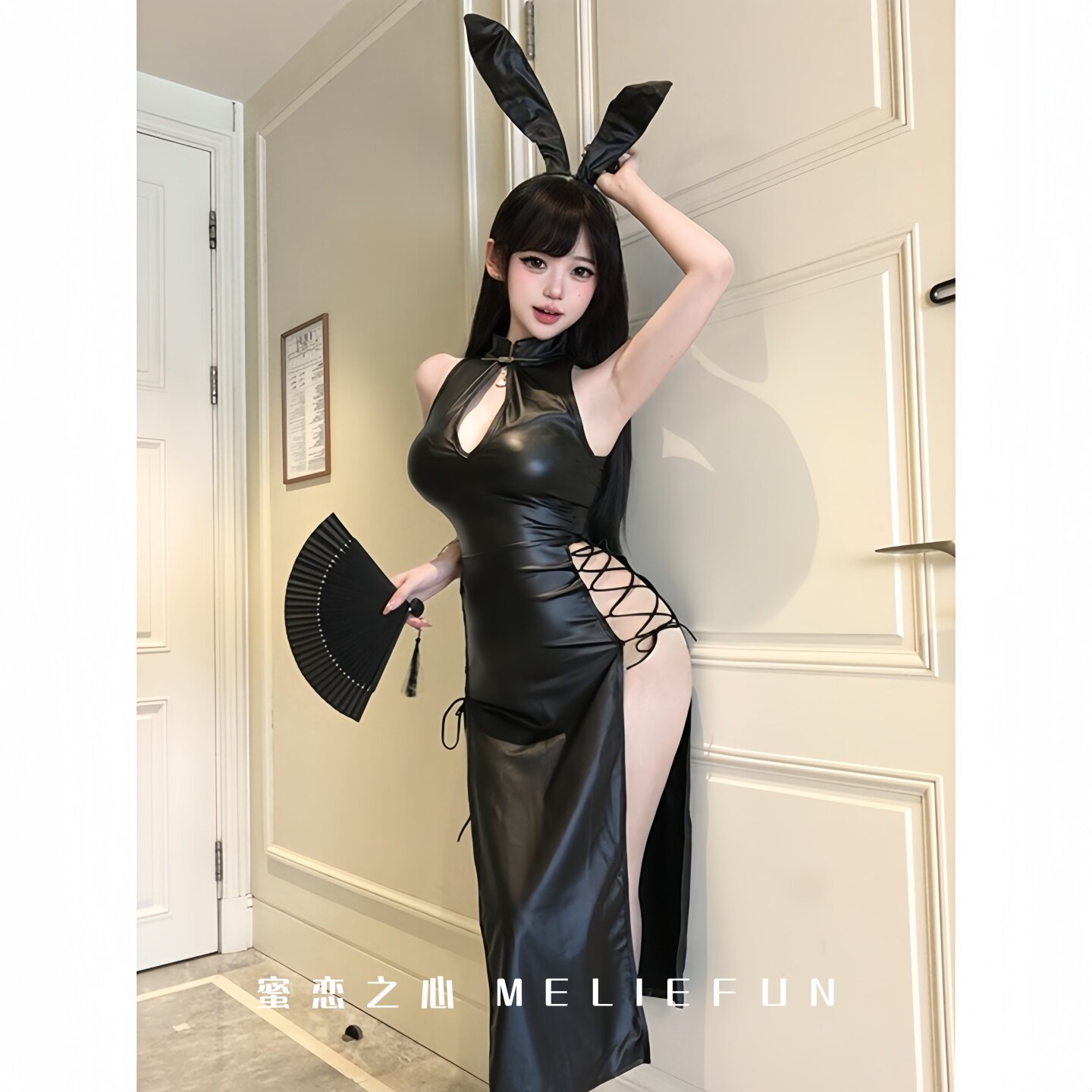 性感漆皮兔女郎COS睡裙黑色