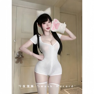 今夜别睡~甜美性感低胸拉链式粉色连体衣女日常白色紧身睡衣制服