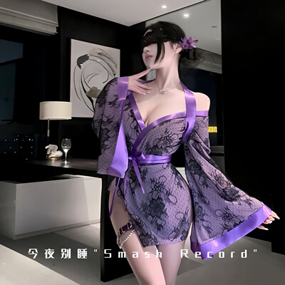夏季性感蕾丝和服系带紫色睡袍