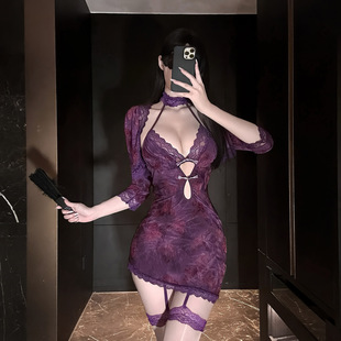 蕾丝边带胸垫睡衣套装 新款 高级感紫色性感旗袍睡裙植绒吊带裙修身