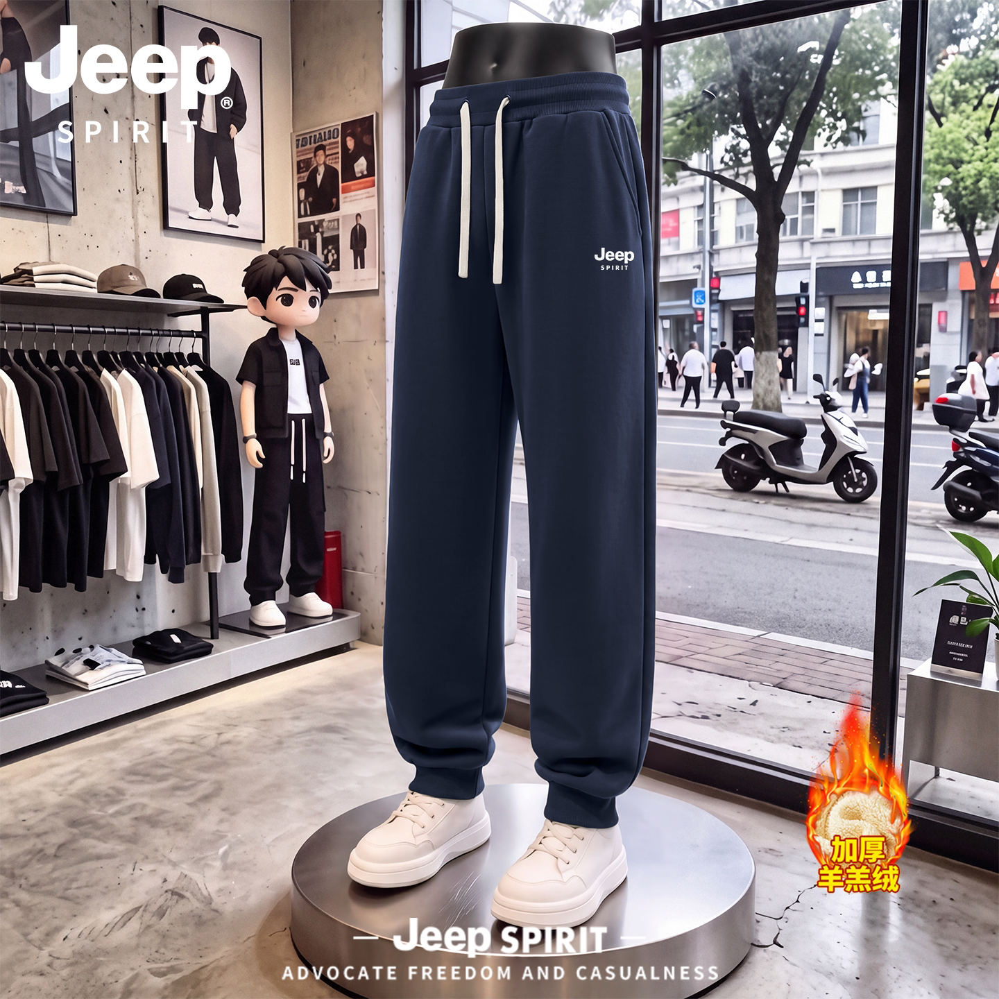 吉普JEEP束脚裤子男款冬季新款加绒加厚羊羔绒青少年长裤休闲裤R