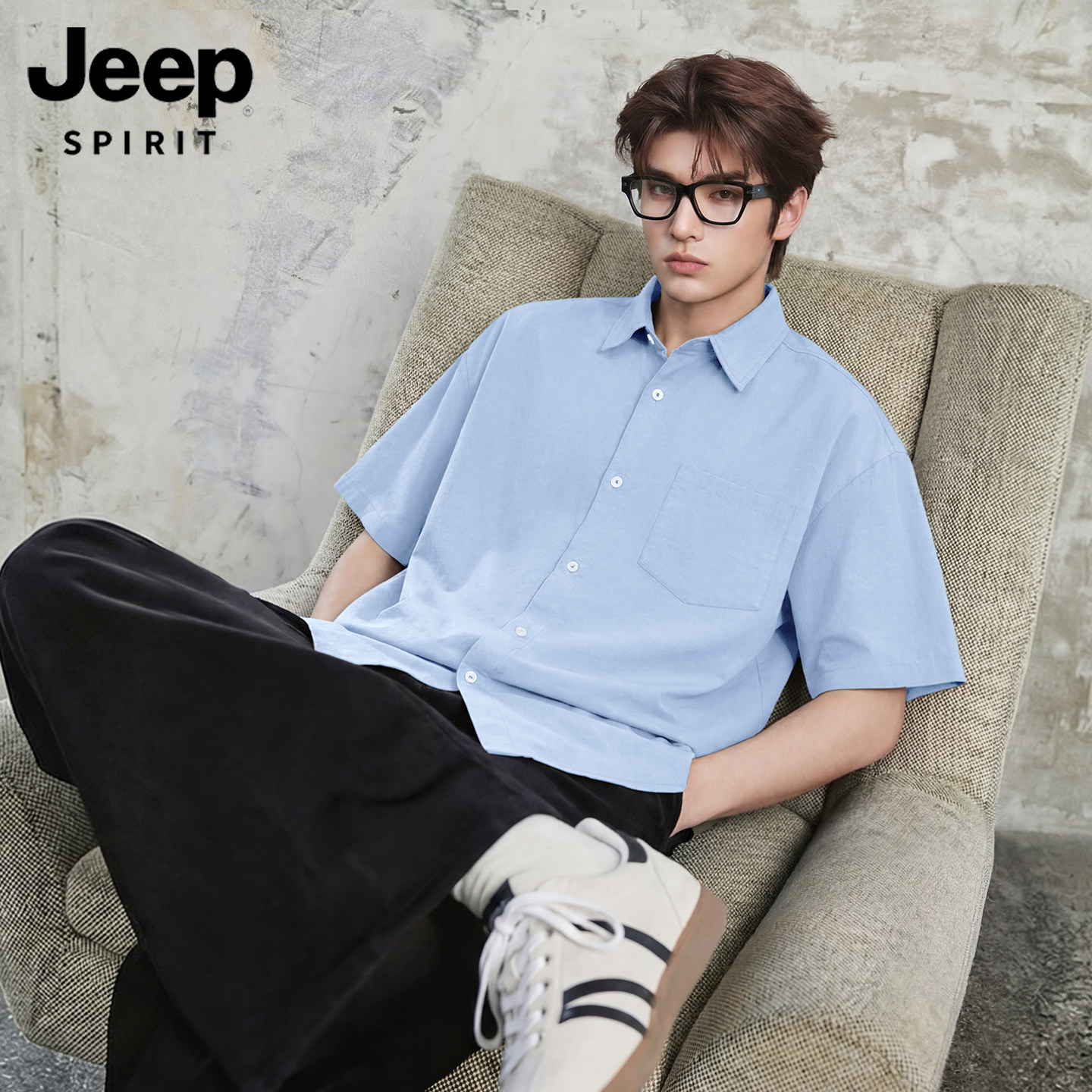 JEEP吉普冰丝凉感短袖衬衣男款夏装青少年大码宽松工装情侣衬衫L