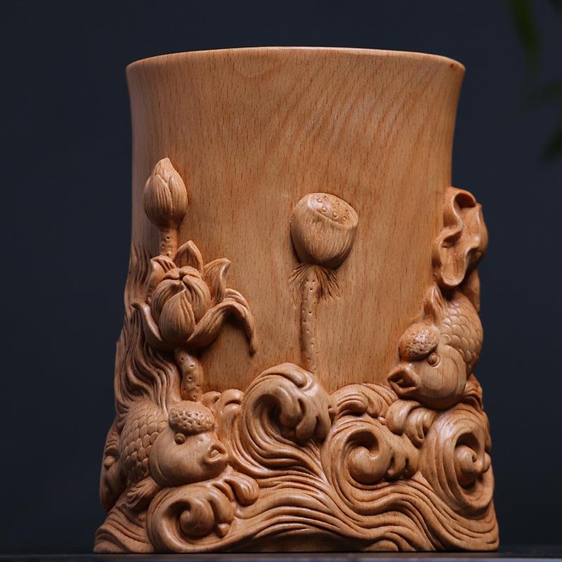 黄杨木雕高室档实木办公桌面中国风笔筒收品纳上盒工VKZ艺摆件喜