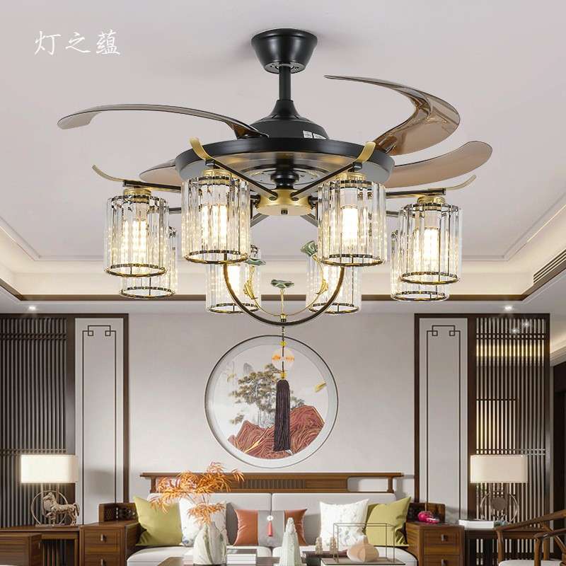 水新式中风扇灯晶隐形客厅灯吊灯遥控AHS仿古中国风扇饭店餐馆餐