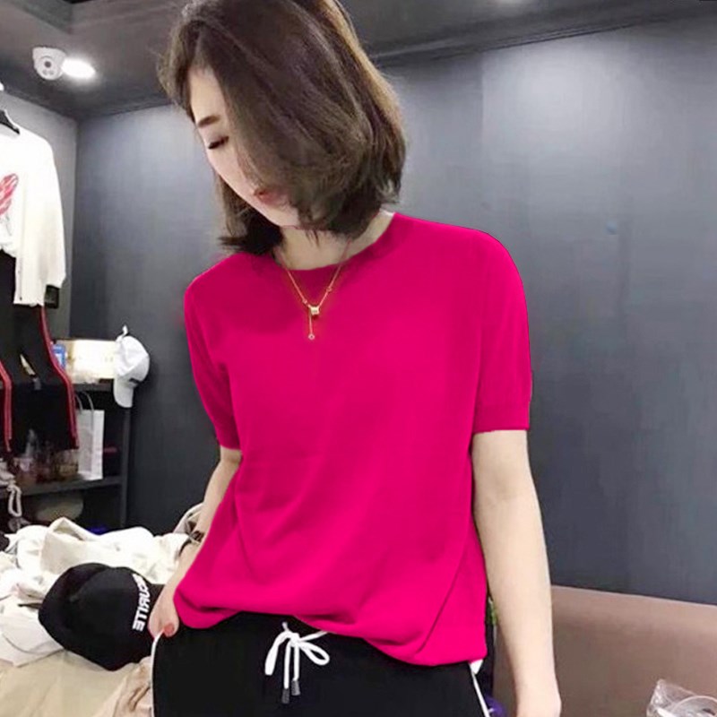 2025夏季薄款打底衫糖果多色短袖t恤女装外穿套头V冰丝针织衫上衣