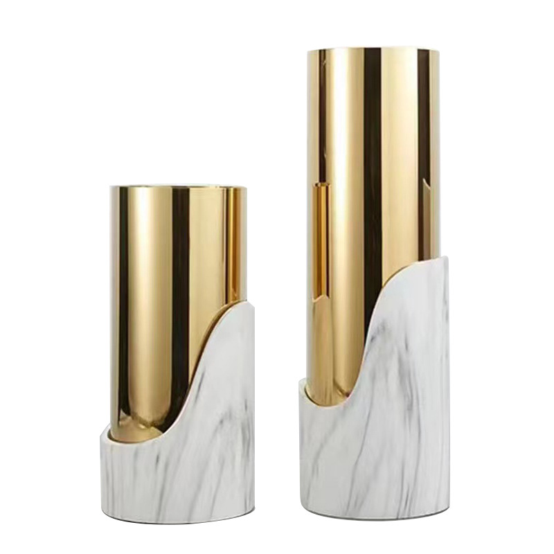 轻奢现代样板间客厅玄关茶几金色不锈钢花瓶北欧餐桌桌面插干花器