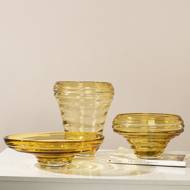 现代简约螺纹琉璃花瓶摆件客厅玄关茶几电视柜样板房玻璃花插花器