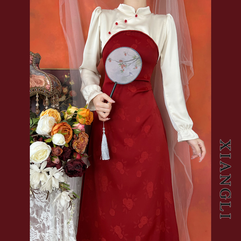 巷里复古改良版汉服年轻拼接收腰显瘦新中式长袖气质旗袍洋装女