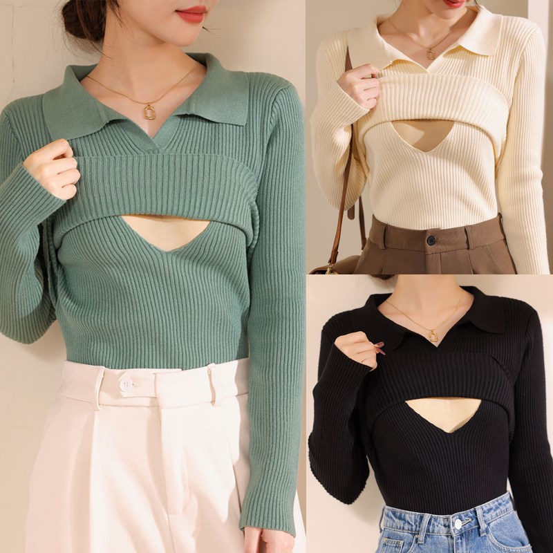 哺乳上衣服外出辣妈针织毛衣喂奶可外穿春装春秋款春季.潮妈哺衣