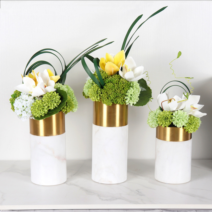 北欧简约轻奢金属圈大理石花器花瓶家居客厅样板间别墅花艺摆件