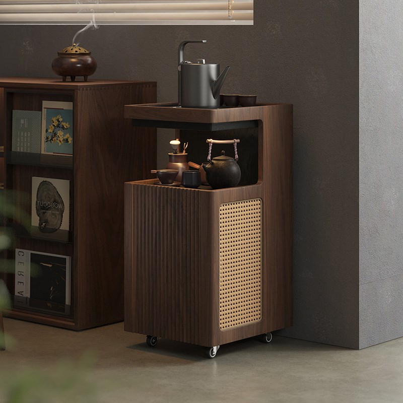 实木移动茶水柜下置水桶小型沙发边柜中古风黑胡桃木茶桌侧边窄柜