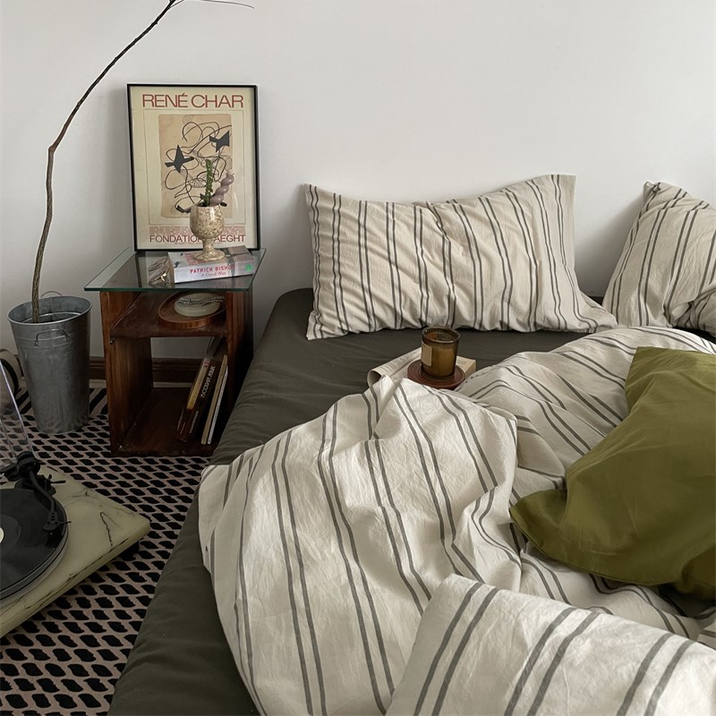 简约中古风全棉水洗棉三四件套纯棉条纹橄榄绿复古宿舍床单笠被套
