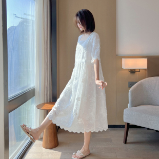 刺绣减Y龄孕妇仙女 白色小清新时尚 孕妇高级感连衣裙2023夏装 新款