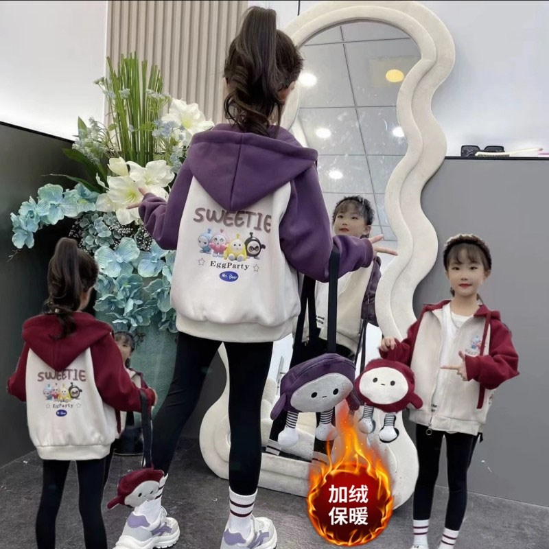 女童卡通印花拼色加绒加厚连帽x卫衣外套2024秋冬新款韩版童装上