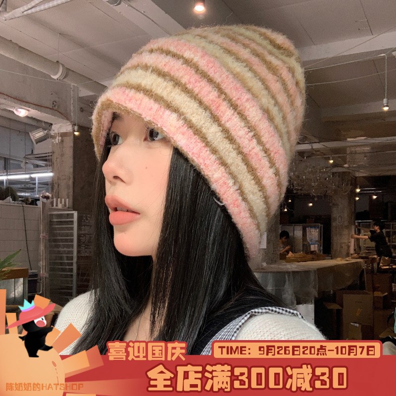 美式复古!撞色条纹包o头帽时髦百搭显脸小针织毛线帽子女冷帽秋冬