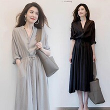 棉麻连衣裙女2024夏装新款复古v领气质收腰显瘦黑色百Y搭长裙子女