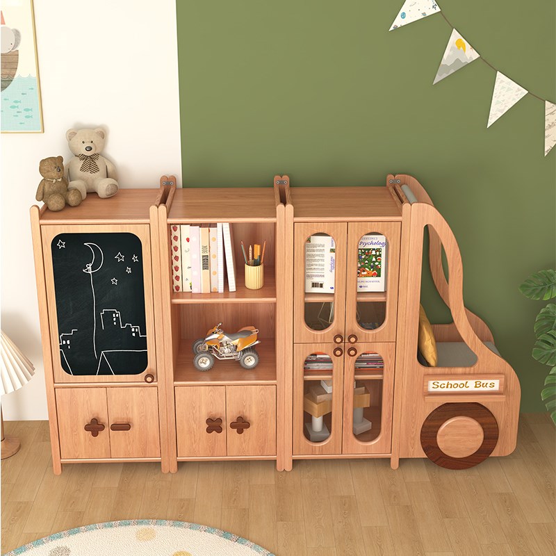 儿童实木书柜创意汽车落地储物柜阅读区收纳柜置物架防尘组合书架