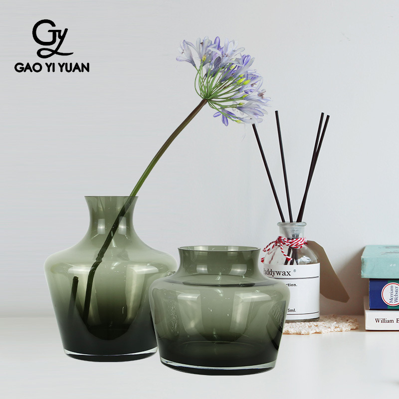现代简约墨绿色玻璃花瓶创意透明客厅样板间装饰花器工艺品摆件