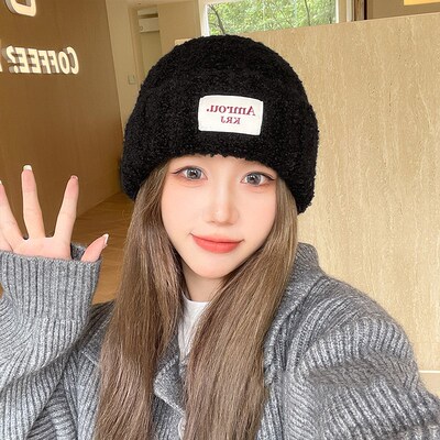 韩版字母布贴针织帽子女秋冬季护耳毛线帽显脸Q小加厚百搭防寒冷