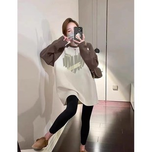 t恤女宽松磨毛下衣失踪内搭打底衫 拼s接长袖 插肩袖 德绒加绒中长款