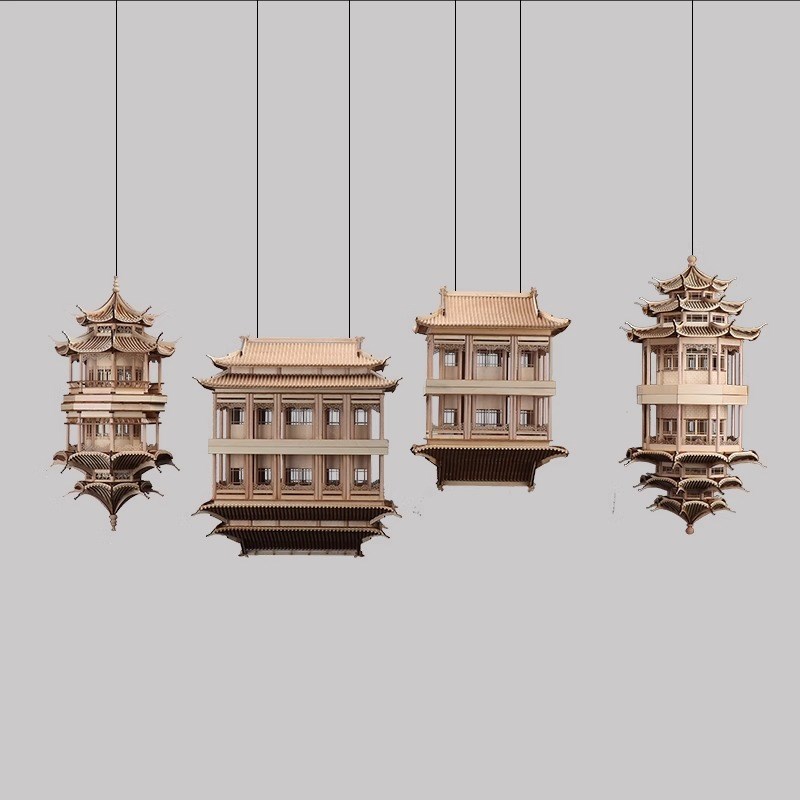 新中式样板间客厅灯具禅意木质建筑模型拼装饰售楼部会所酒店吊灯