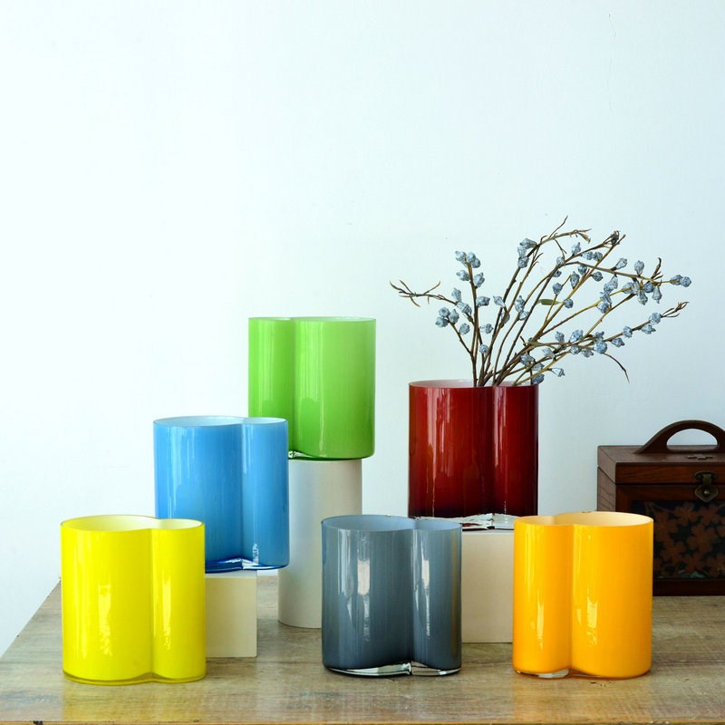 现代简约彩色玻璃花瓶书房客厅餐桌茶几卧室花器创意彩色玻璃花瓶