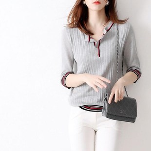 女气质百搭时尚 春秋撞色条纹打底针织衫 上衣 T恤c女2024年新款 长袖