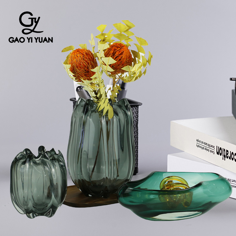 北欧灰色透明玻璃简约玄关装饰花瓶加厚瓶底家具创意玻璃装饰摆件